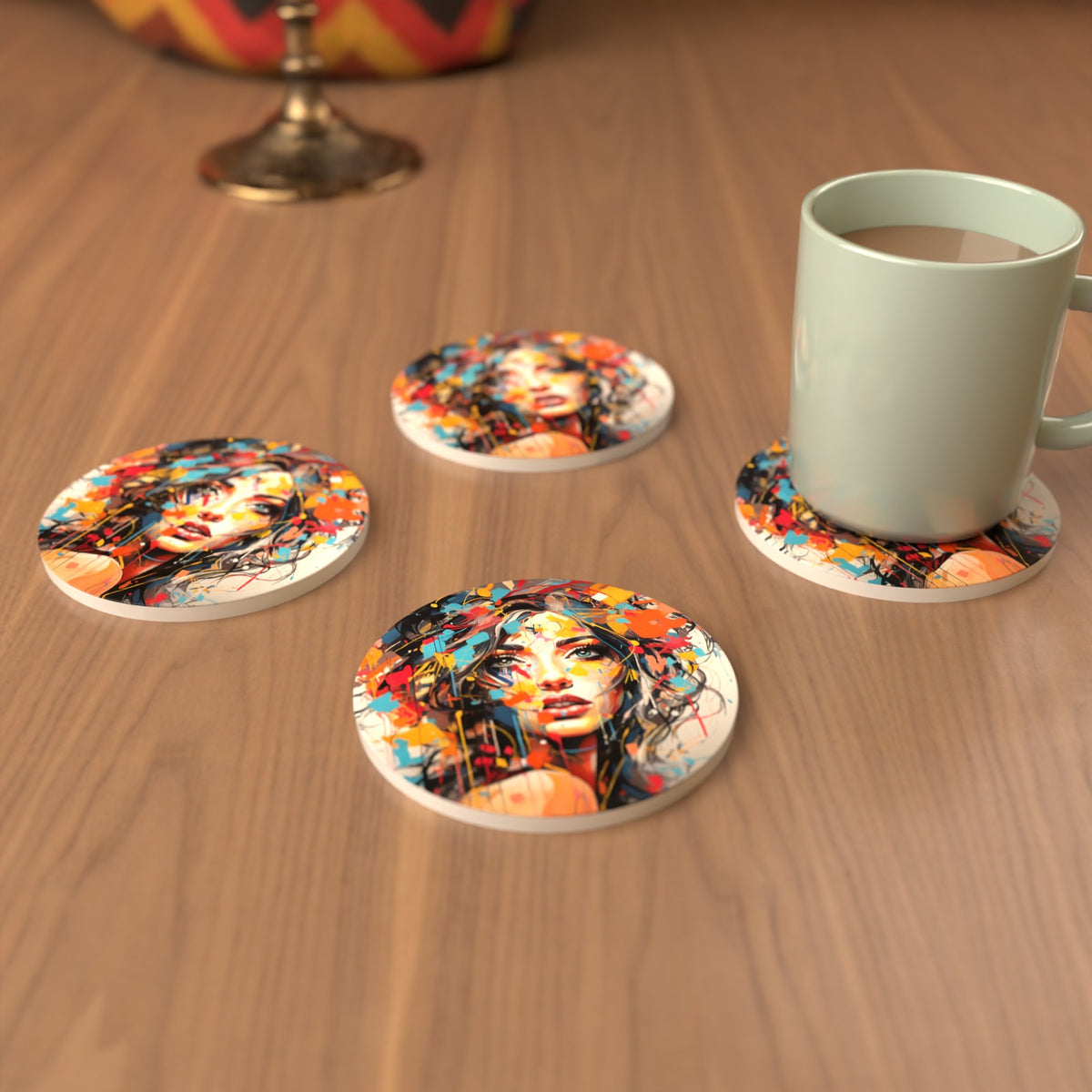 Expressionist Floral Portrait Round Ceramic Coasters – Set of 6 – cosy lifestyle mockup