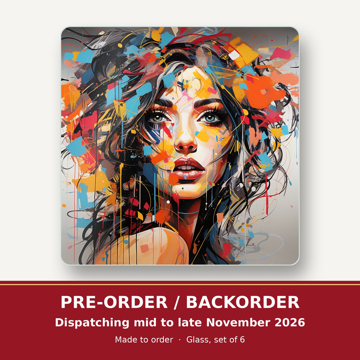 Expressionist Floral Portrait square glass coaster set of 6 – pre-order / backorder, dispatching mid to late November 2026