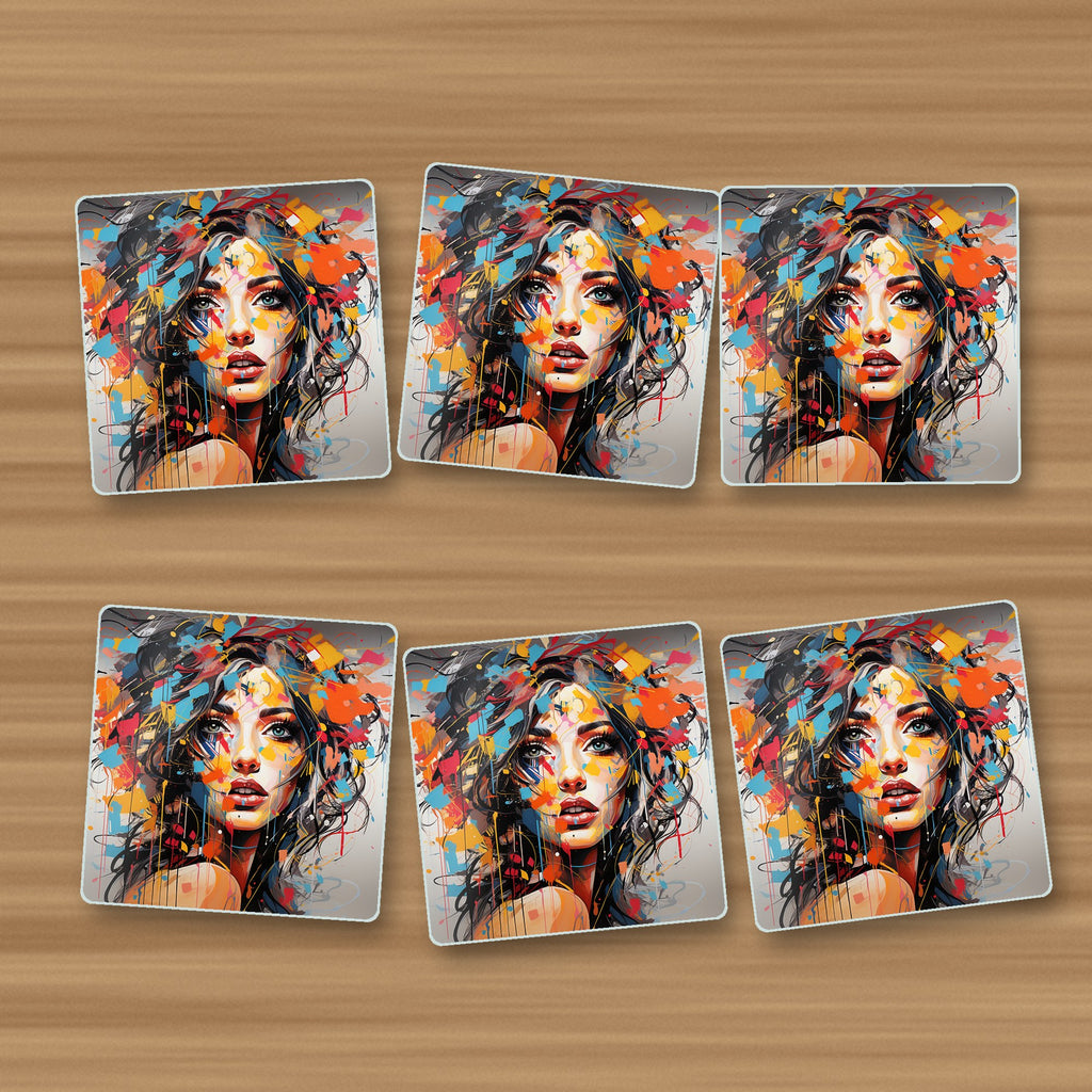 Expressionist Floral Portrait square glass coasters, set of 6, on an oak coffee table