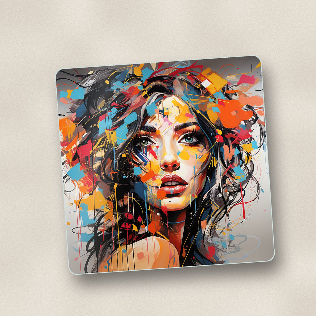 Close-up of one expressionist floral portrait square glass coaster, flat UV print