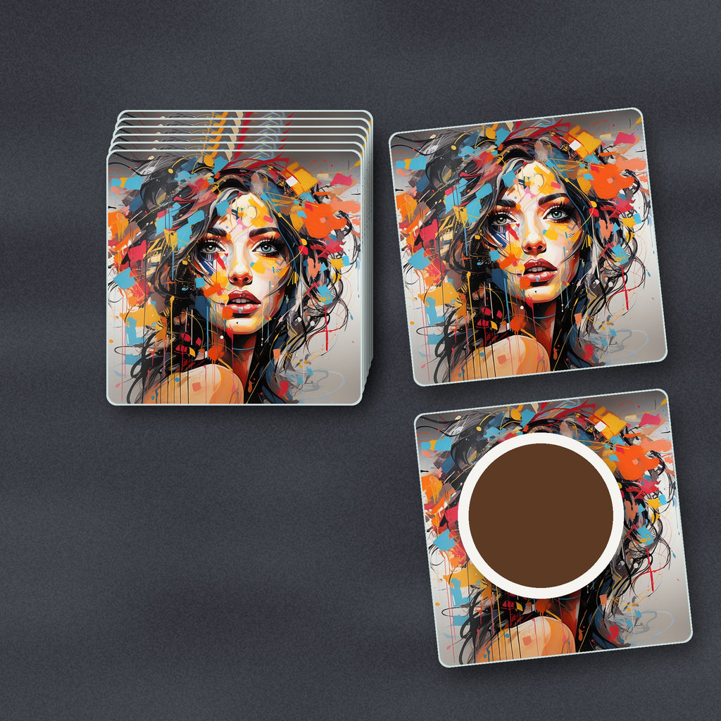 Expressionist Floral Portrait square glass coasters stacked on a slate kitchen worktop