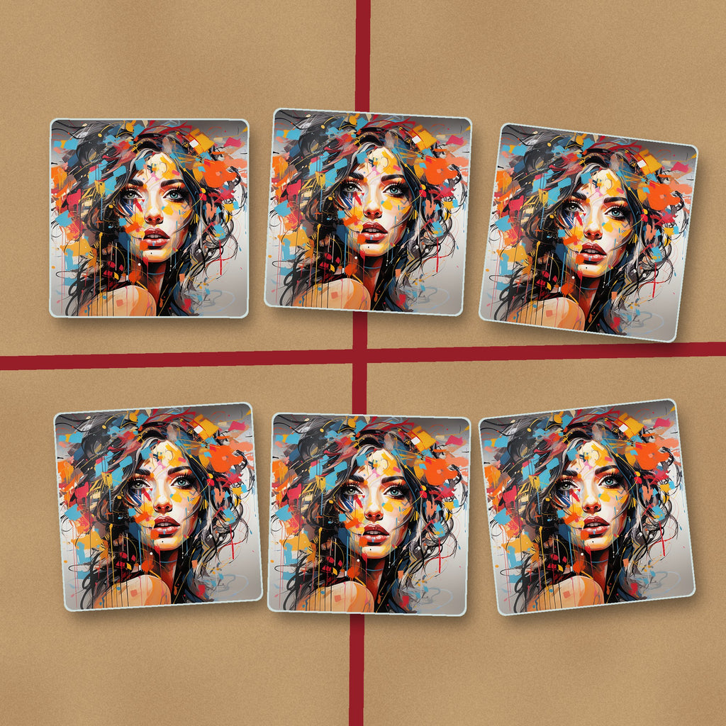 Expressionist Floral Portrait square glass coasters on kraft gift wrap