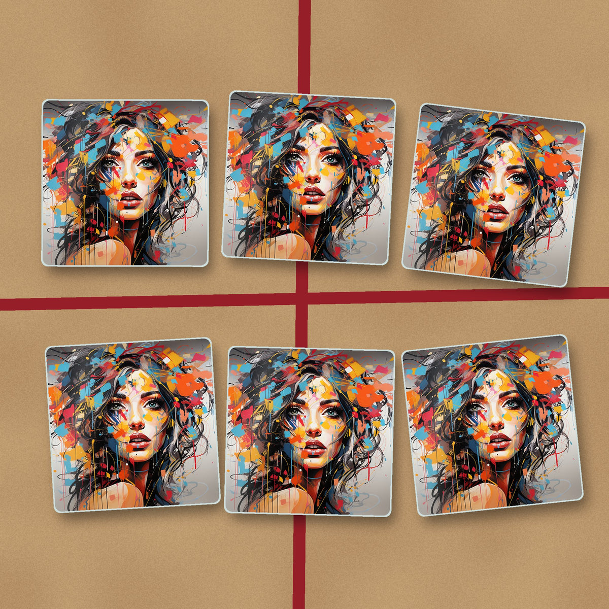 Expressionist Floral Portrait square glass coasters on kraft gift wrap