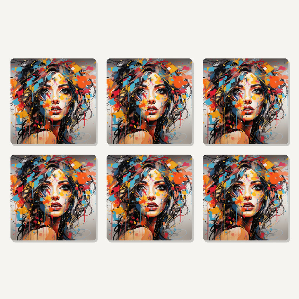 Flat lay of the expressionist floral portrait artwork on six square coasters