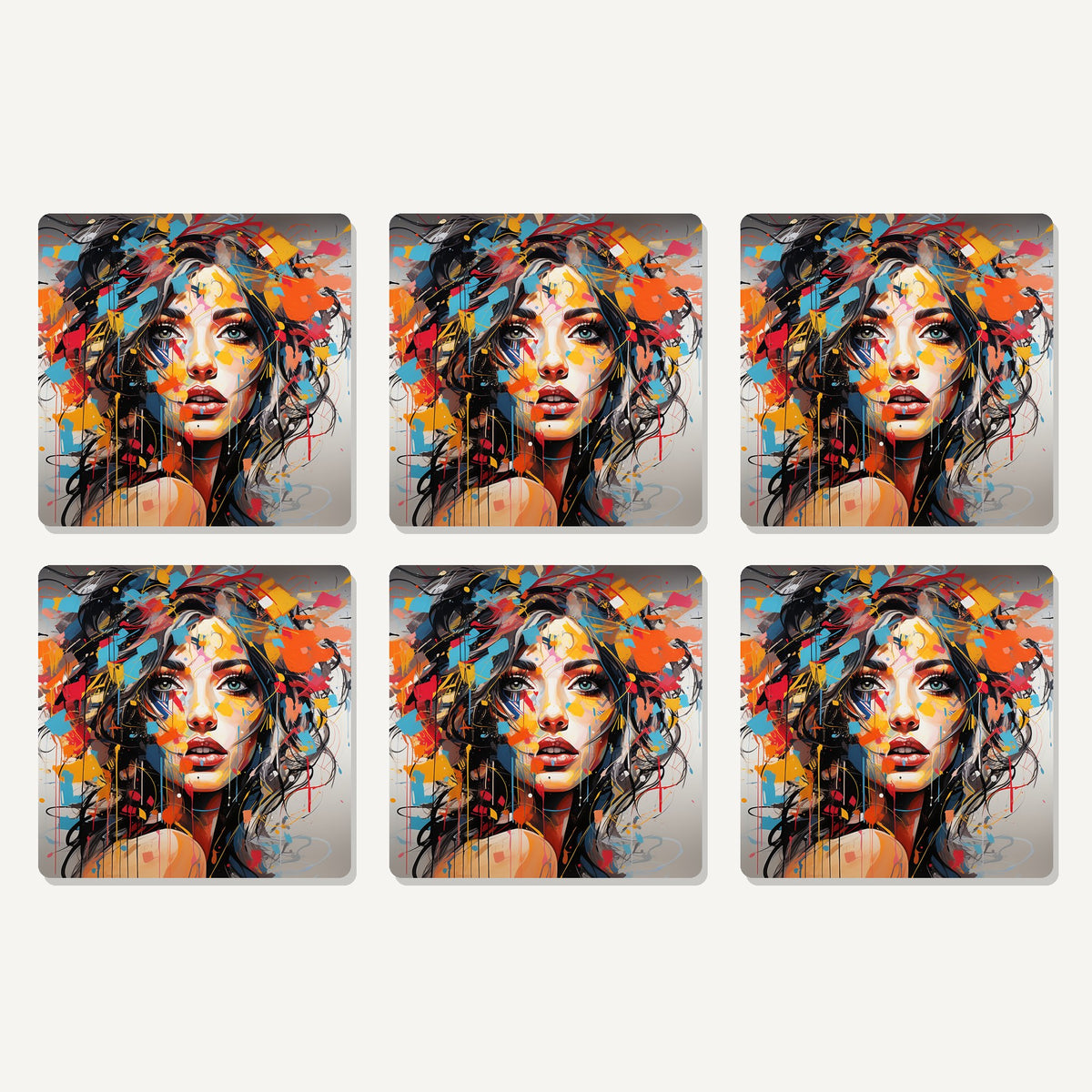 Flat lay of the expressionist floral portrait artwork on six square coasters