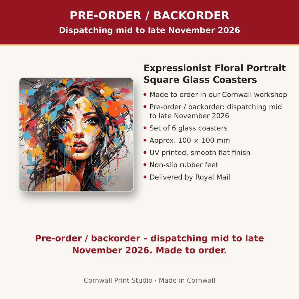 Info card: Expressionist Floral Portrait Square Glass Coasters – Set of 6, made to order, dispatching mid to late November 2026, delivered by Royal Mail