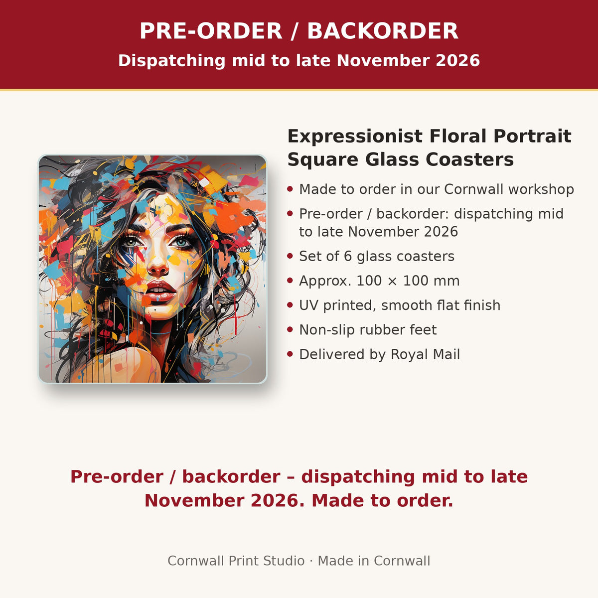 Info card: Expressionist Floral Portrait Square Glass Coasters – Set of 6, made to order, dispatching mid to late November 2026, delivered by Royal Mail