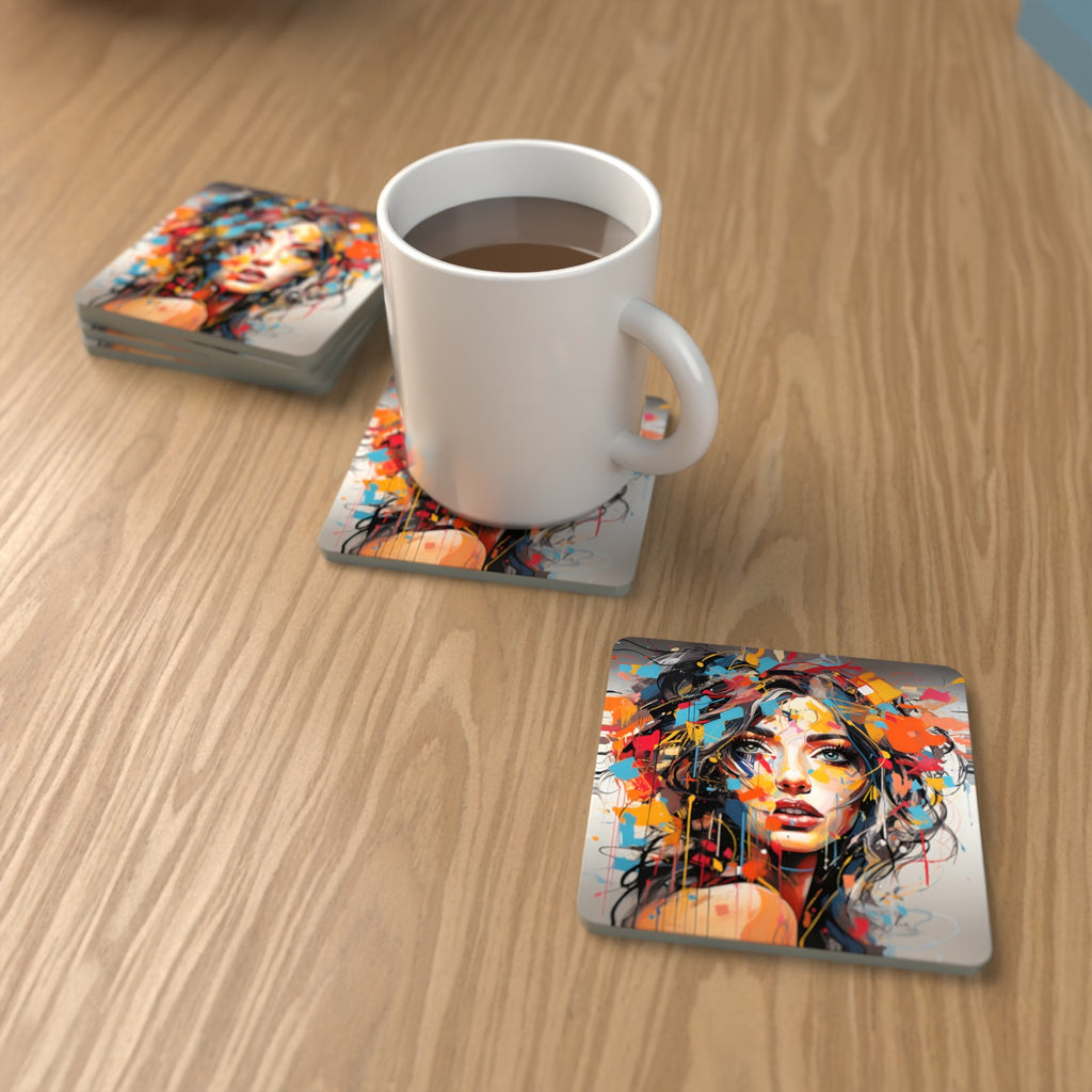 Expressionist Floral Portrait Square Glass Coasters – Set of 6 – lifestyle mockup with a mug of coffee