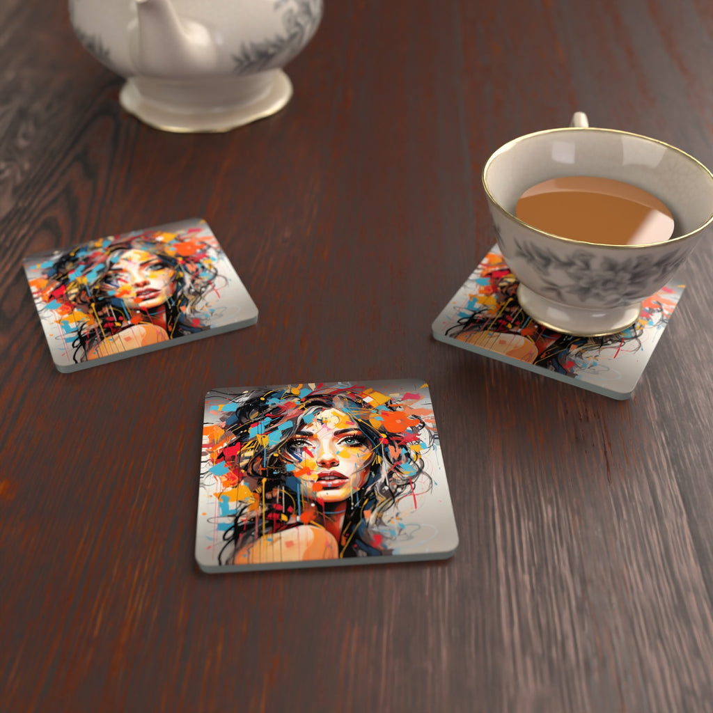 Expressionist Floral Portrait Square Glass Coasters – Set of 6 – lifestyle mockup with a teacup