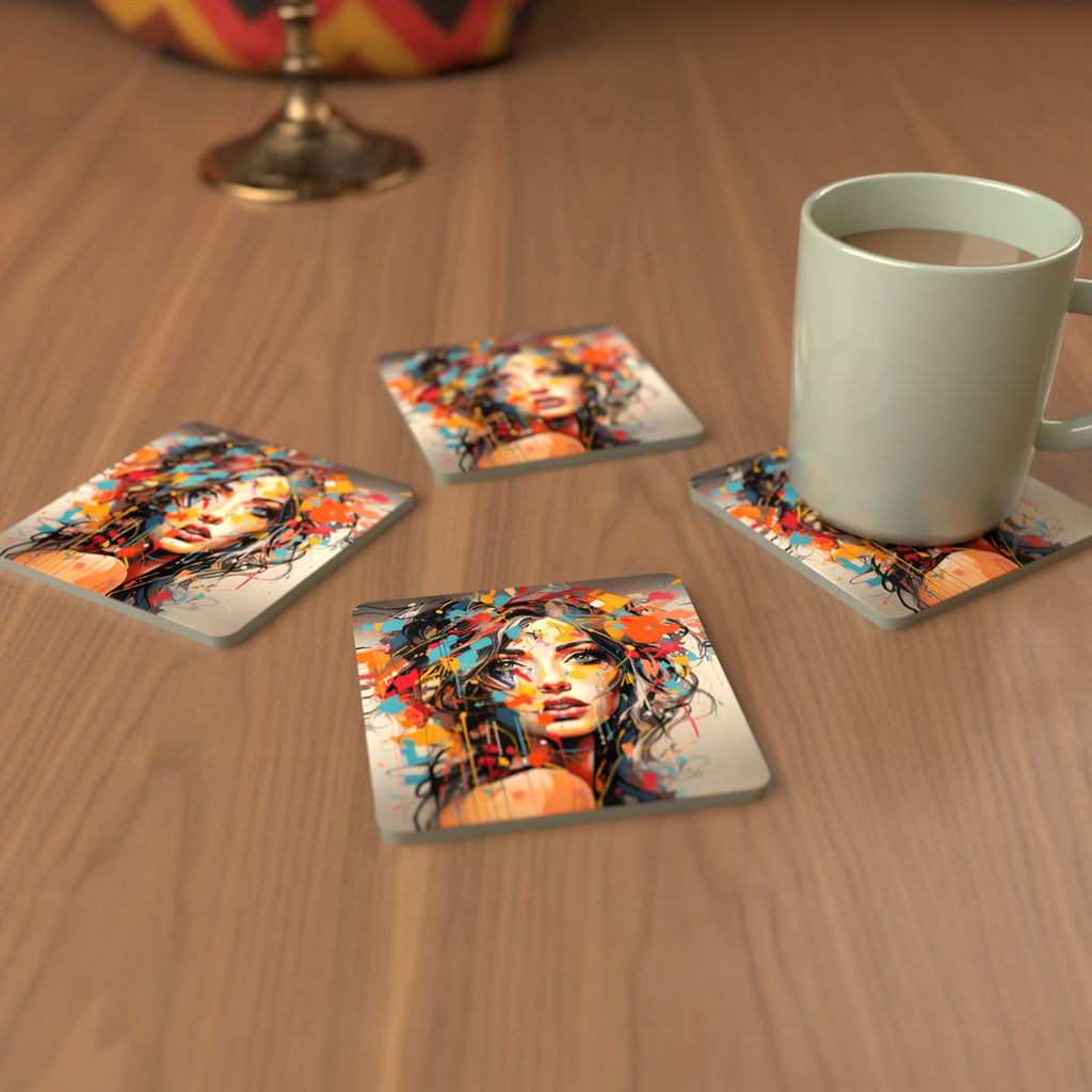 Expressionist Floral Portrait Square Glass Coasters – Set of 6 – cosy lifestyle mockup