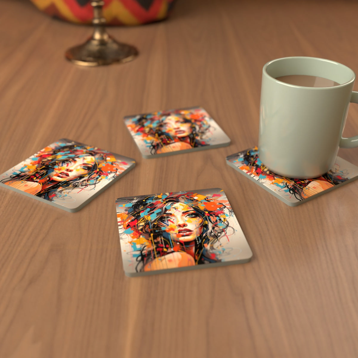 Expressionist Floral Portrait Square Glass Coasters – Set of 6 – cosy lifestyle mockup