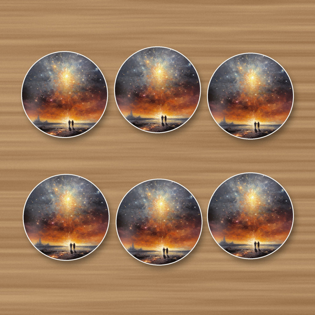Impressionist Shooting Star Sky round ceramic coasters, set of 6, on an oak coffee table