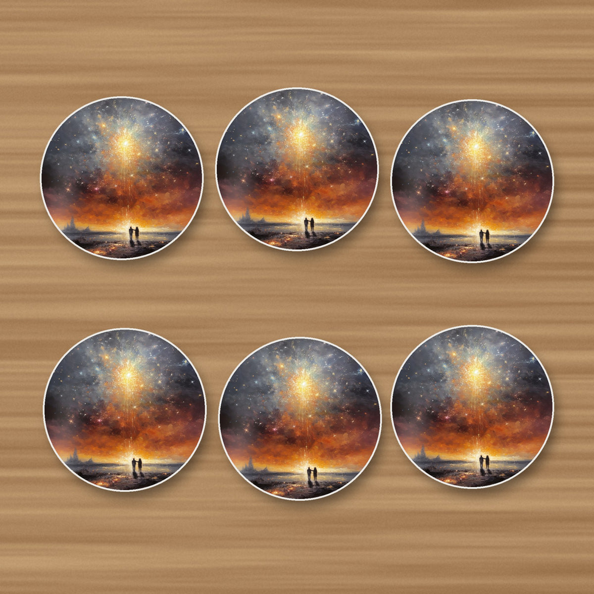 Impressionist Shooting Star Sky round ceramic coasters, set of 6, on an oak coffee table