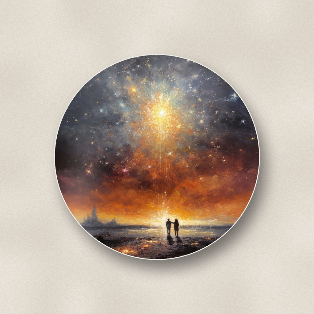 Close-up of one impressionist shooting star sky round ceramic coaster, flat UV print