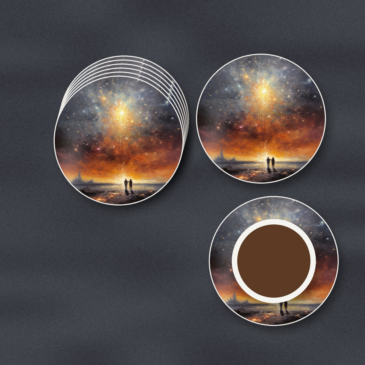 Impressionist Shooting Star Sky round ceramic coasters stacked on a slate kitchen worktop