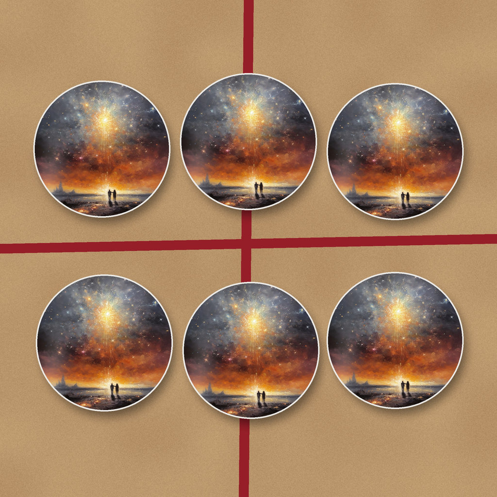 Impressionist Shooting Star Sky round ceramic coasters on kraft gift wrap