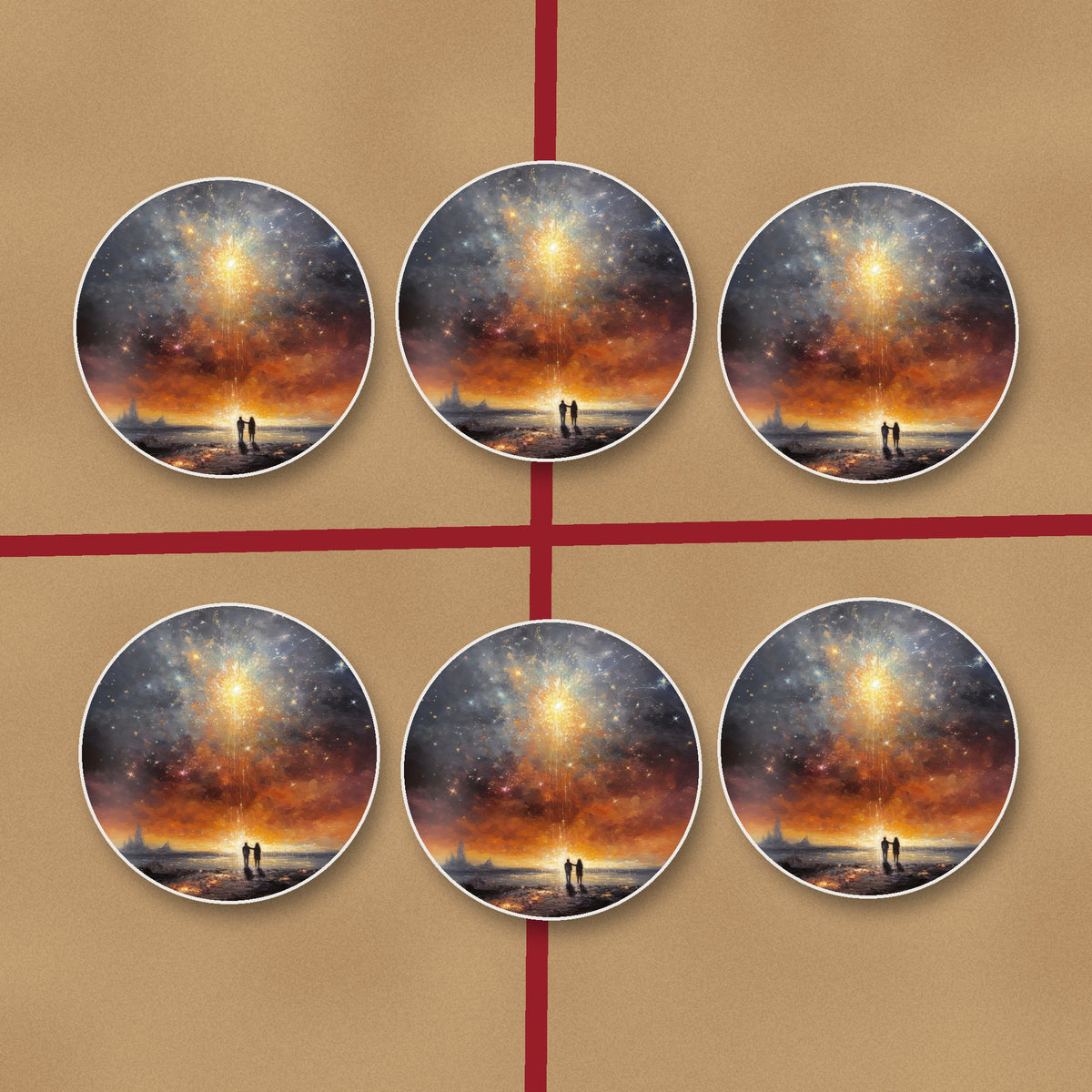 Impressionist Shooting Star Sky round ceramic coasters on kraft gift wrap