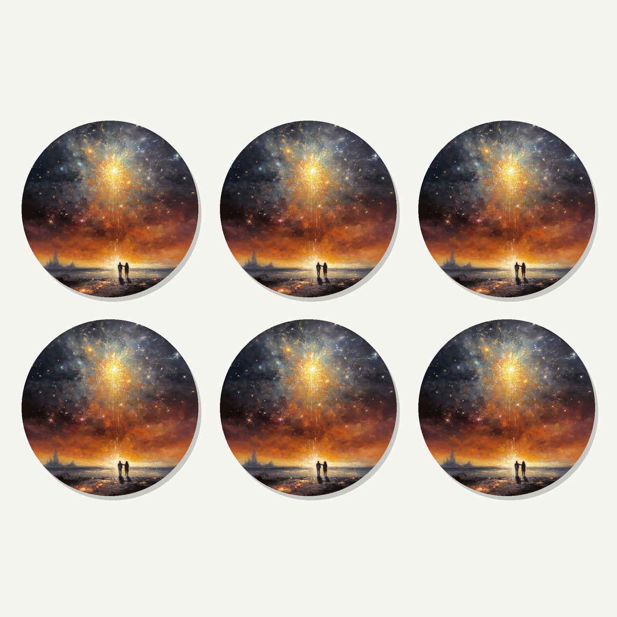 Flat lay of the impressionist shooting star sky artwork on six round coasters