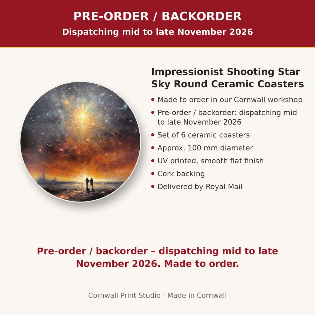 Info card: Impressionist Shooting Star Sky Round Ceramic Coasters – Set of 6, made to order, dispatching mid to late November 2026, delivered by Royal Mail