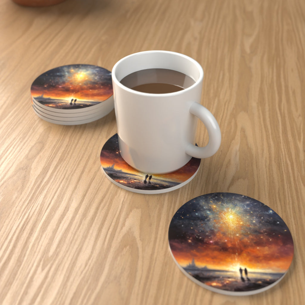 Impressionist Shooting Star Sky Round Ceramic Coasters – Set of 6 – lifestyle mockup with a mug of coffee