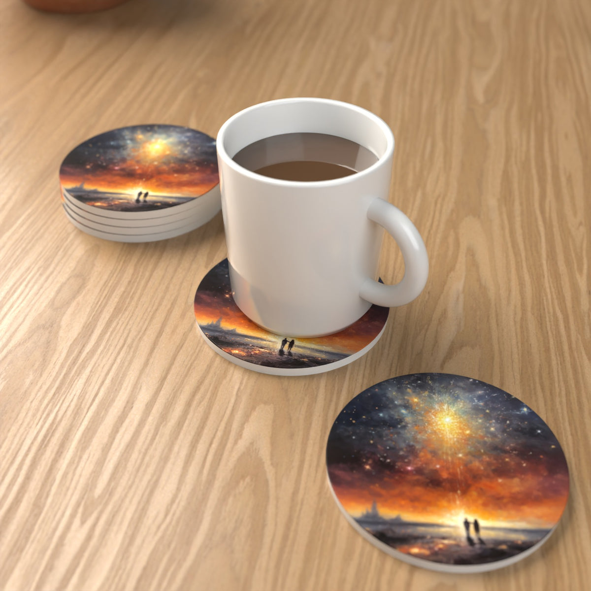 Impressionist Shooting Star Sky Round Ceramic Coasters – Set of 6 – lifestyle mockup with a mug of coffee