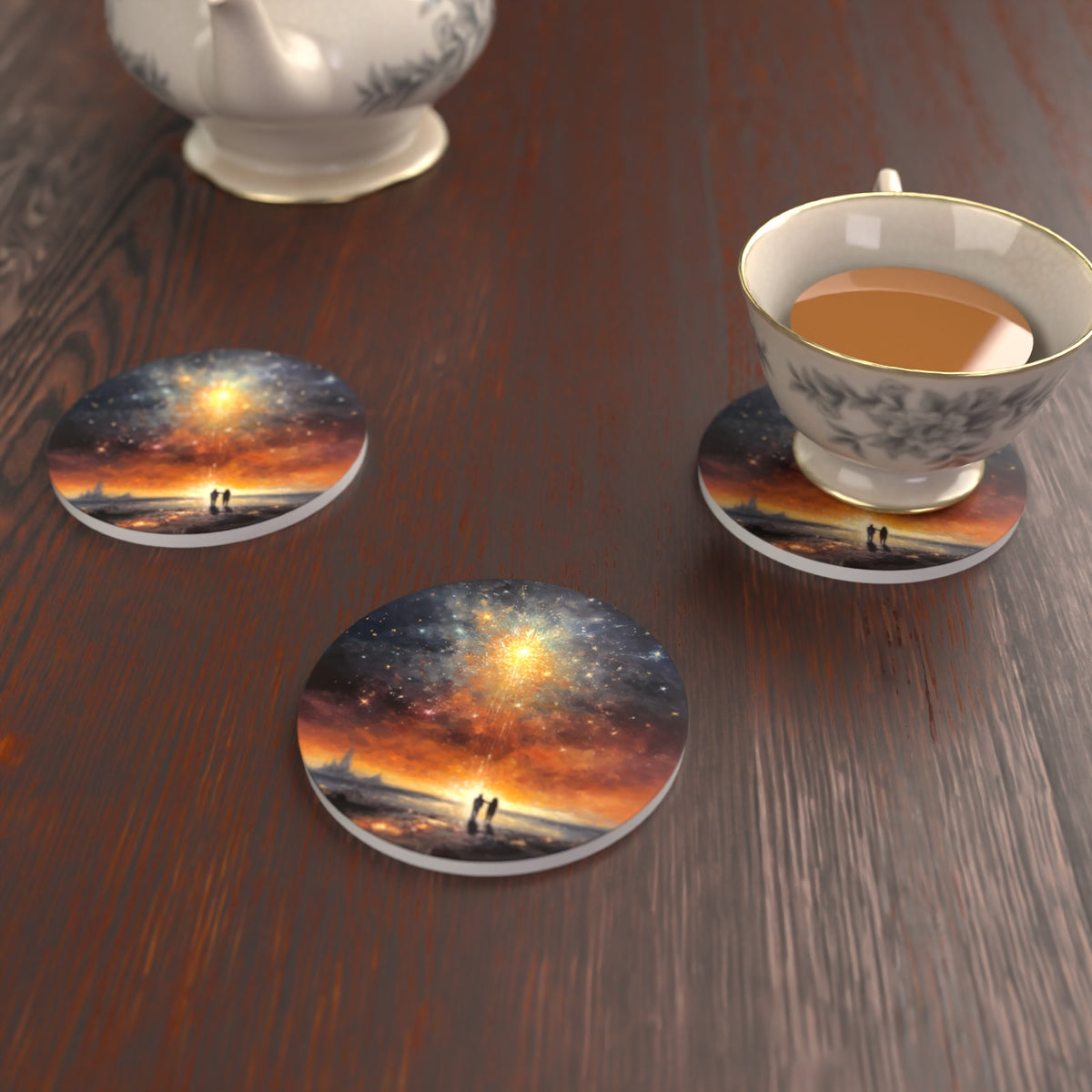 Impressionist Shooting Star Sky Round Ceramic Coasters – Set of 6 – lifestyle mockup with a teacup