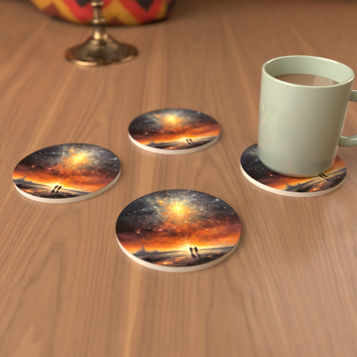 Impressionist Shooting Star Sky Round Ceramic Coasters – Set of 6 – cosy lifestyle mockup
