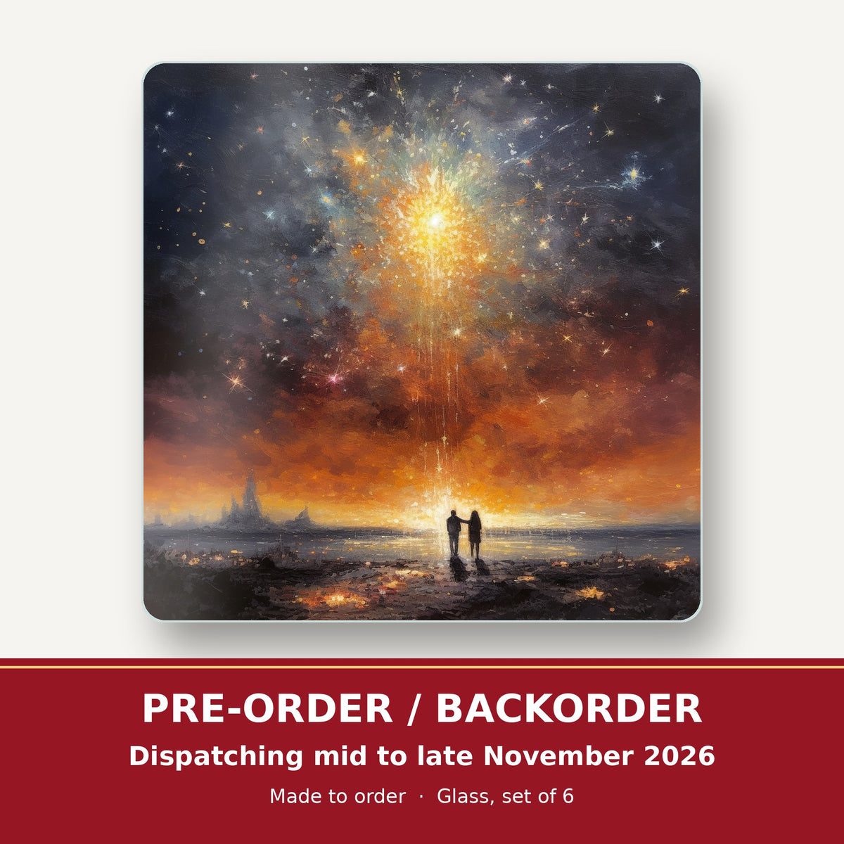 Impressionist Shooting Star Sky square glass coaster set of 6 – pre-order / backorder, dispatching mid to late November 2026