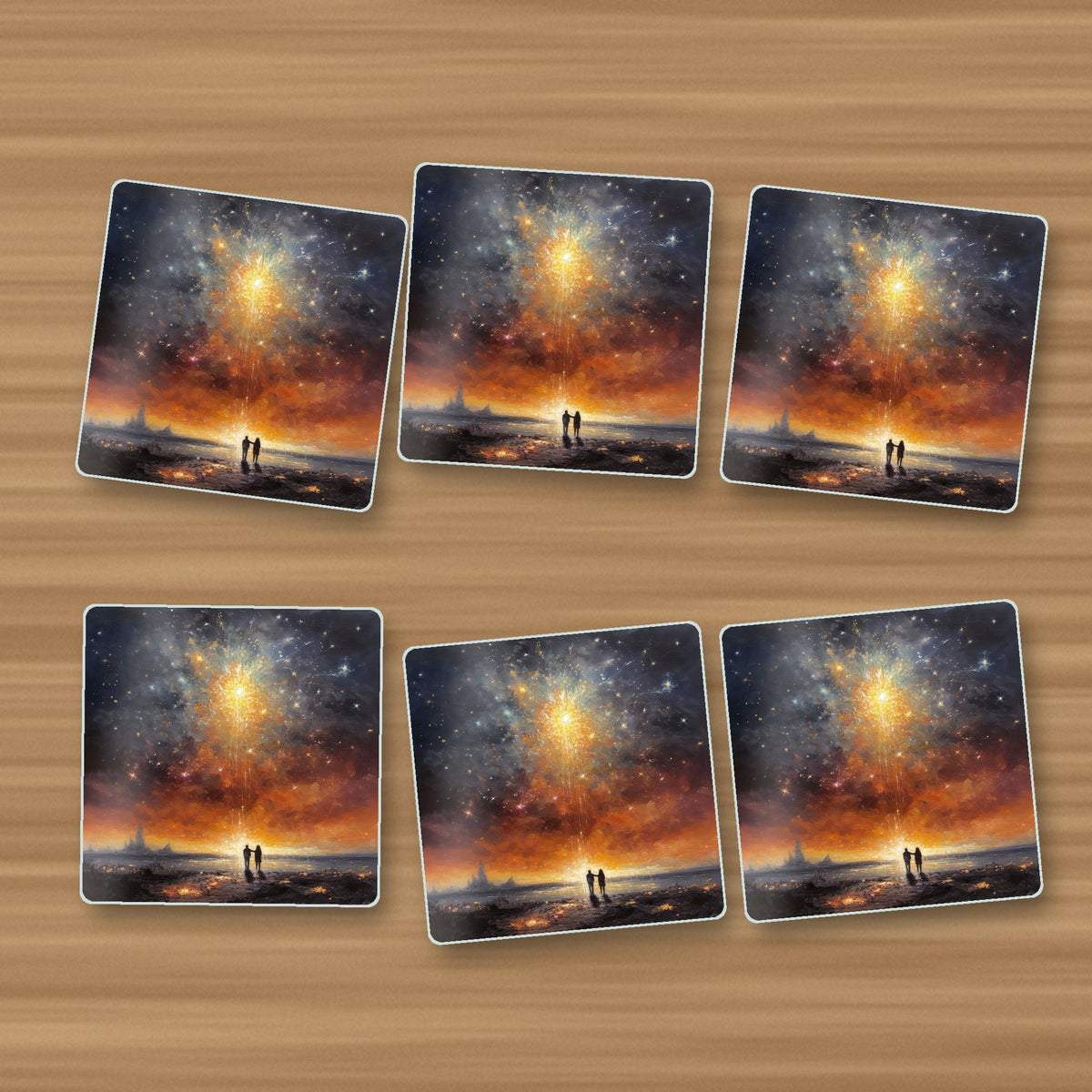 Impressionist Shooting Star Sky square glass coasters, set of 6, on an oak coffee table