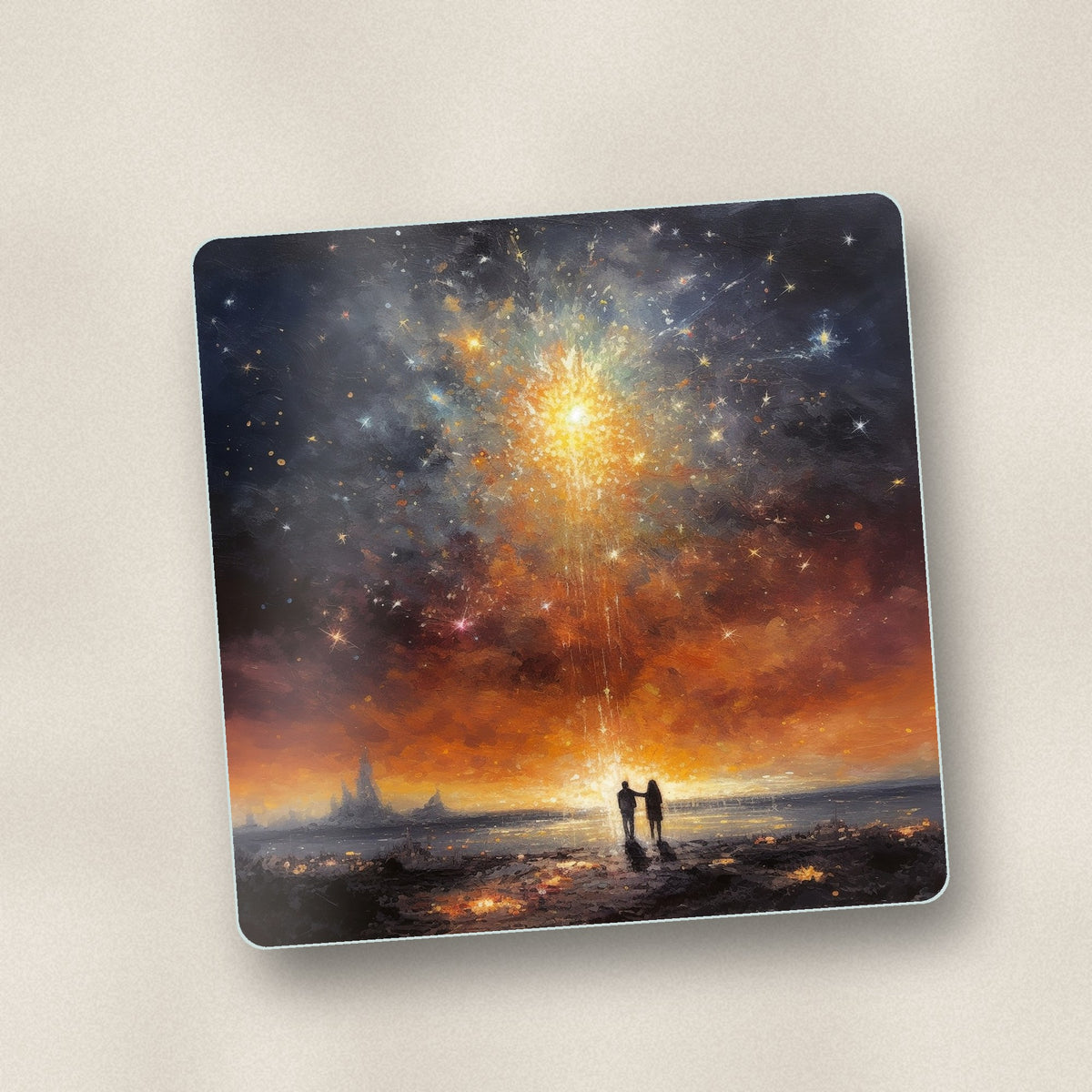 Close-up of one impressionist shooting star sky square glass coaster, flat UV print