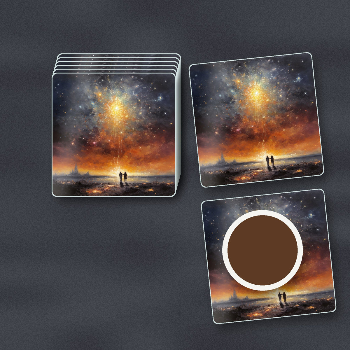 Impressionist Shooting Star Sky square glass coasters stacked on a slate kitchen worktop
