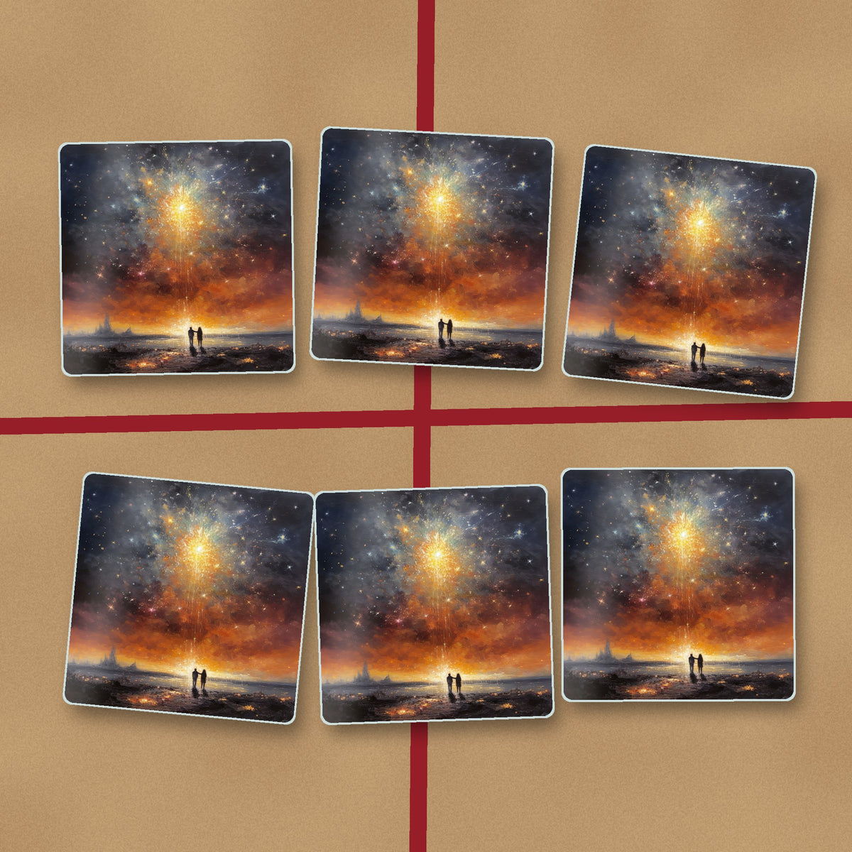 Impressionist Shooting Star Sky square glass coasters on kraft gift wrap