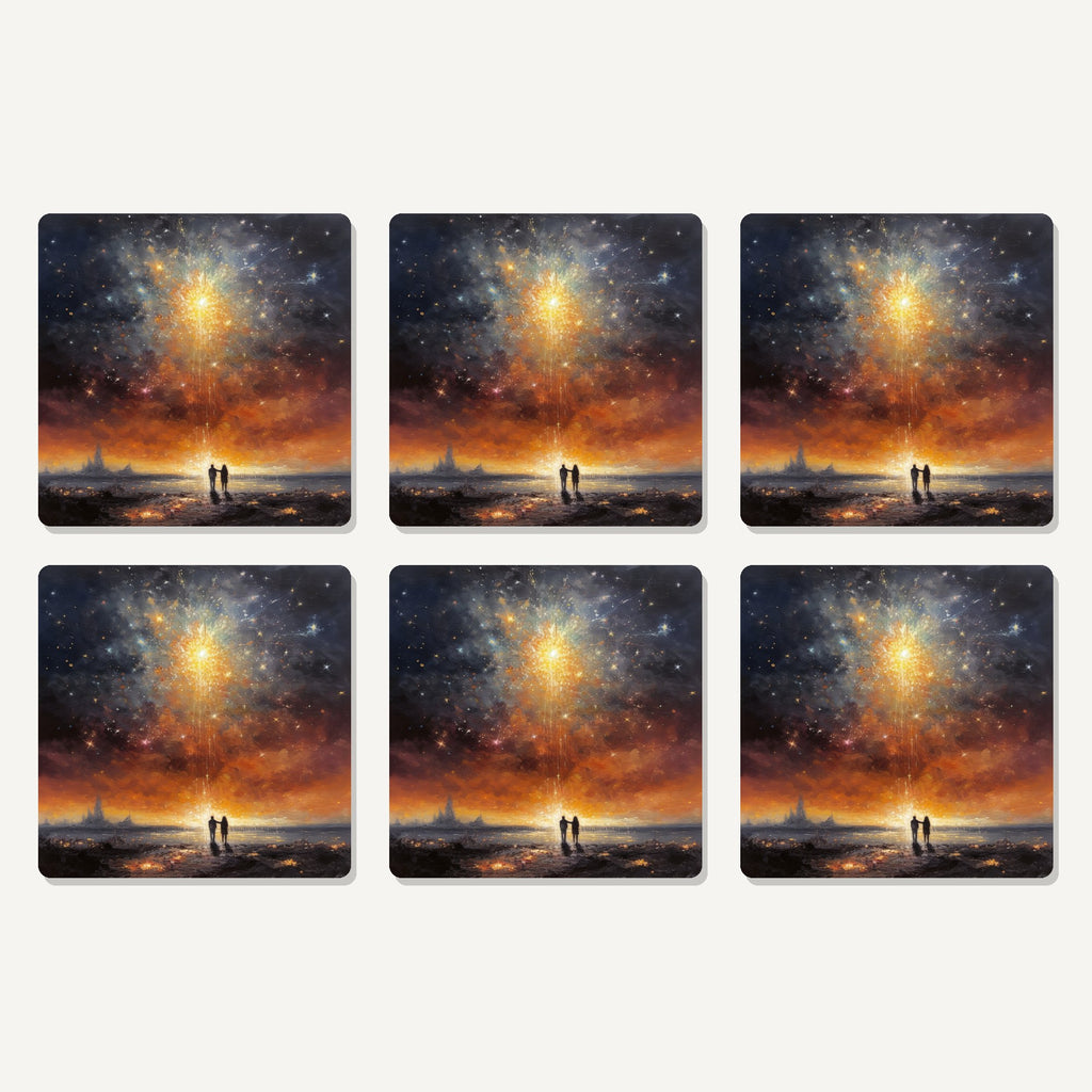 Flat lay of the impressionist shooting star sky artwork on six square coasters