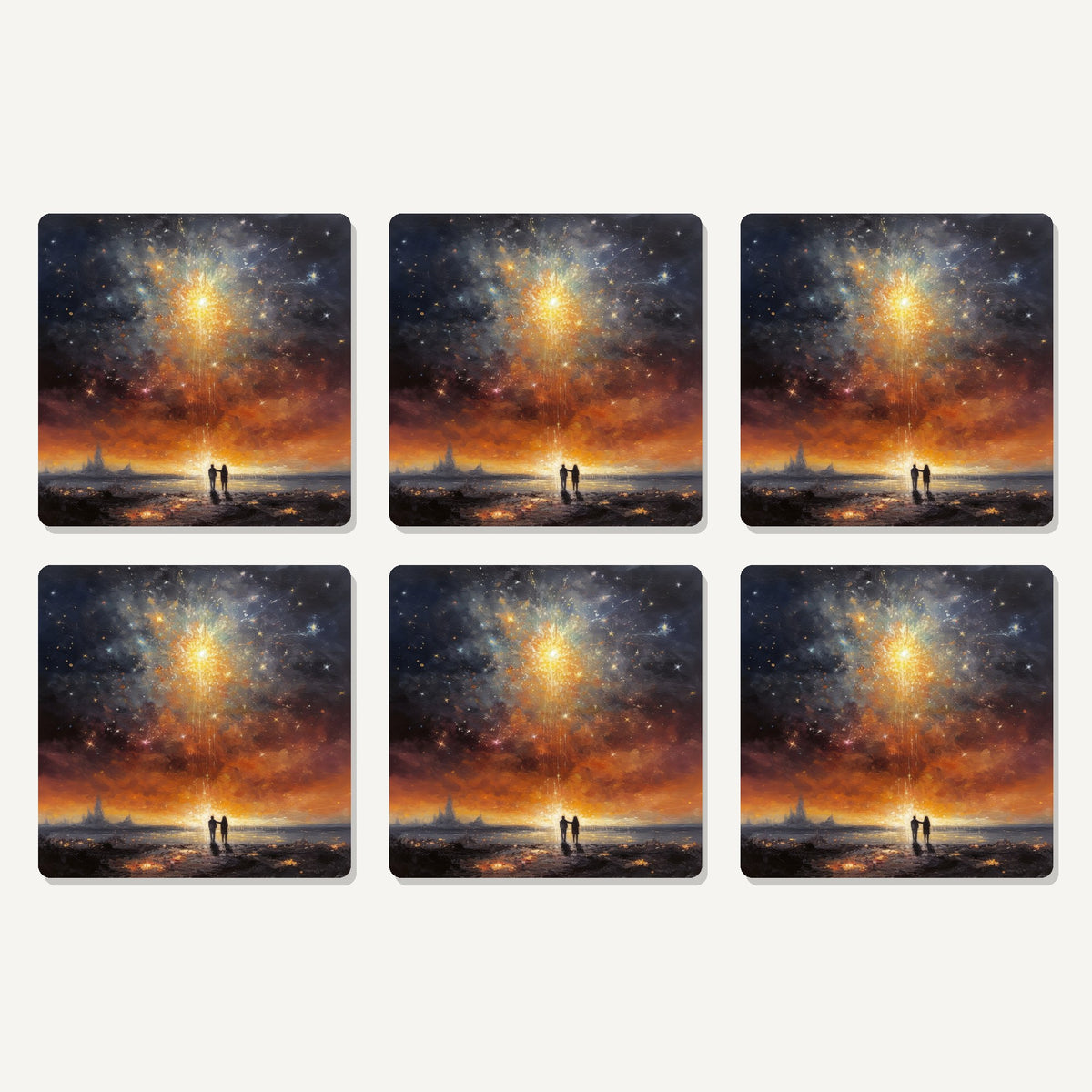 Flat lay of the impressionist shooting star sky artwork on six square coasters