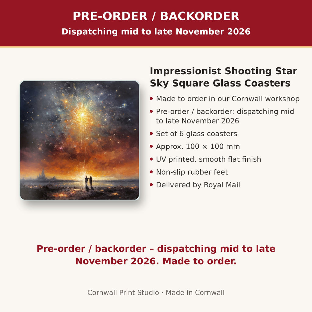 Info card: Impressionist Shooting Star Sky Square Glass Coasters – Set of 6, made to order, dispatching mid to late November 2026, delivered by Royal Mail