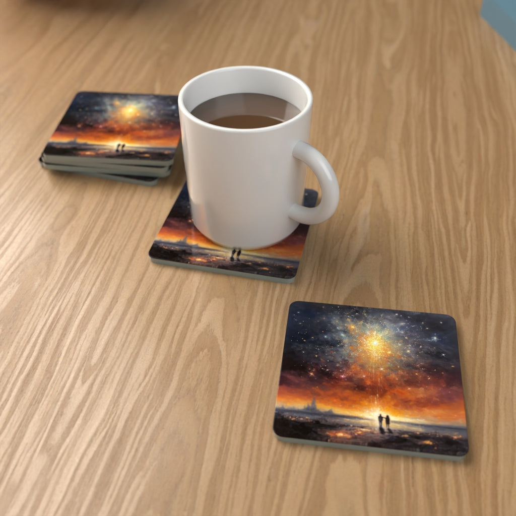 Impressionist Shooting Star Sky Square Glass Coasters – Set of 6 – lifestyle mockup with a mug of coffee