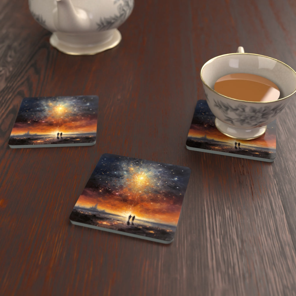 Impressionist Shooting Star Sky Square Glass Coasters – Set of 6 – lifestyle mockup with a teacup