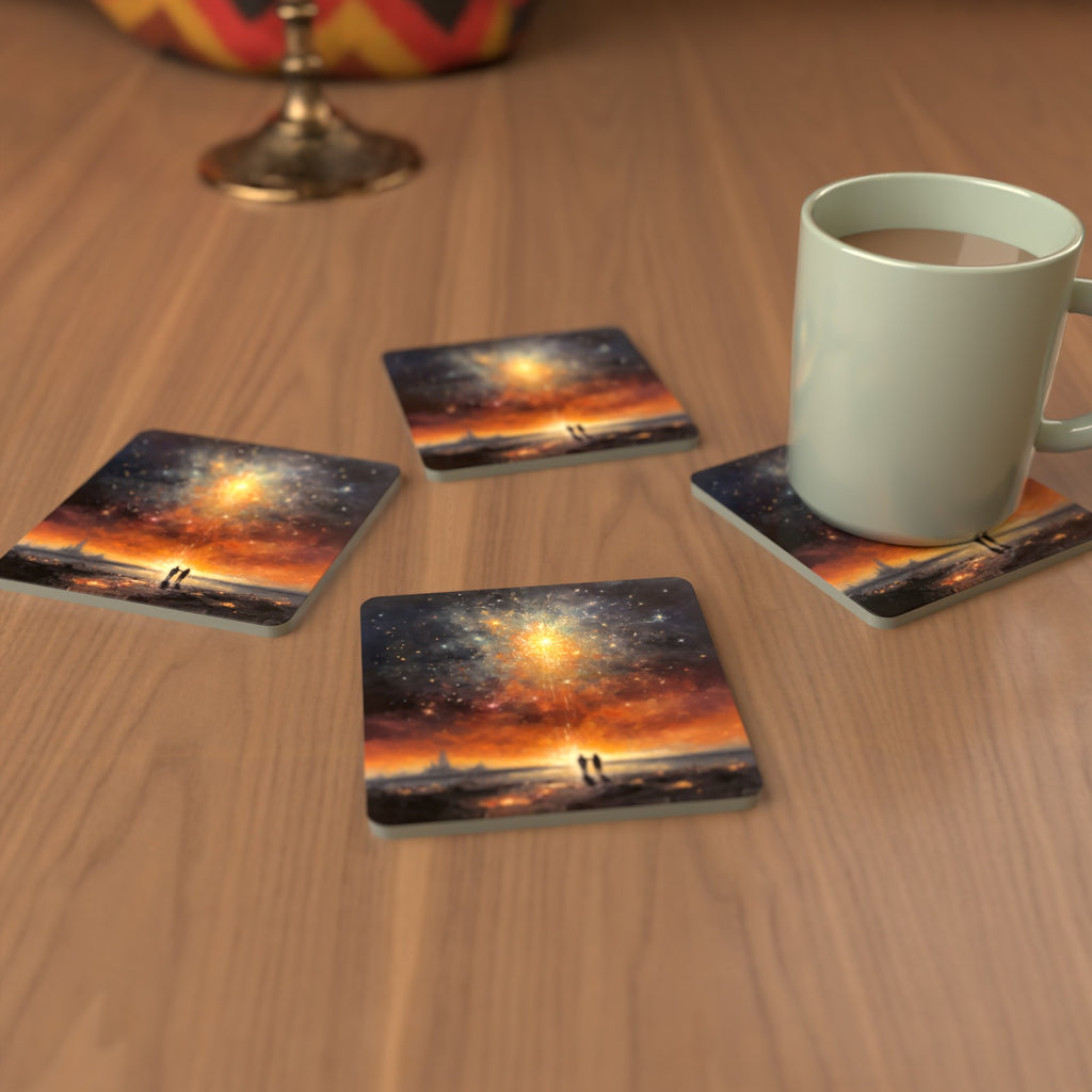 Impressionist Shooting Star Sky Square Glass Coasters – Set of 6 – cosy lifestyle mockup