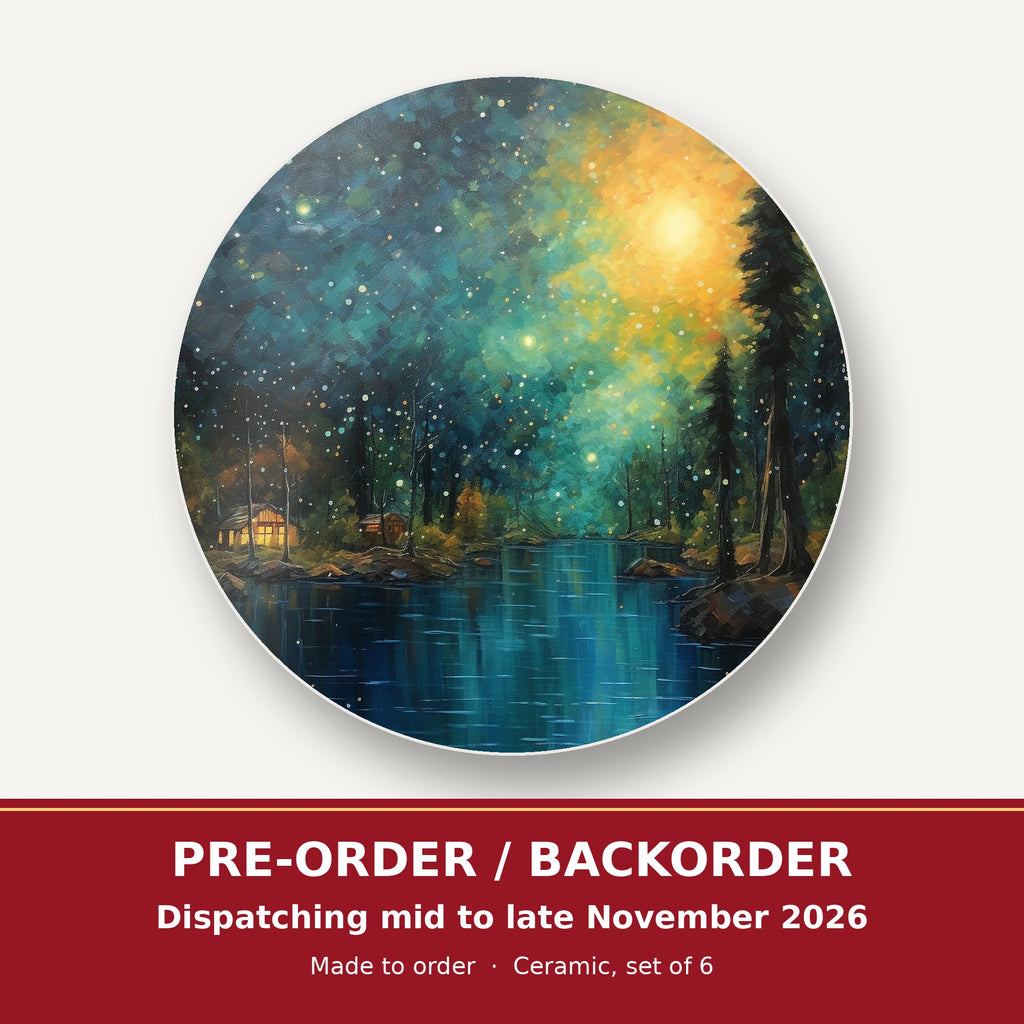Impressionist Night Lake & Pines round ceramic coaster set of 6 – pre-order / backorder, dispatching mid to late November 2026