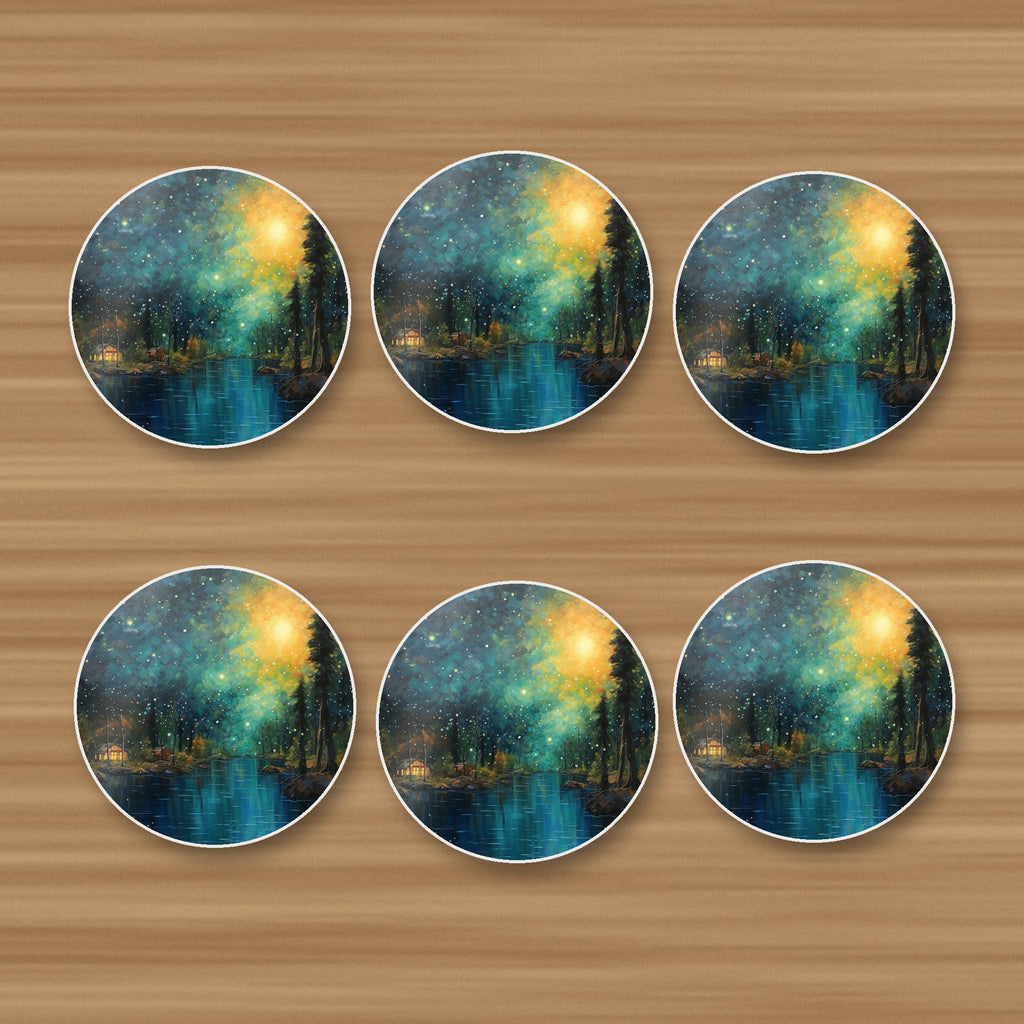 Impressionist Night Lake & Pines round ceramic coasters, set of 6, on an oak coffee table