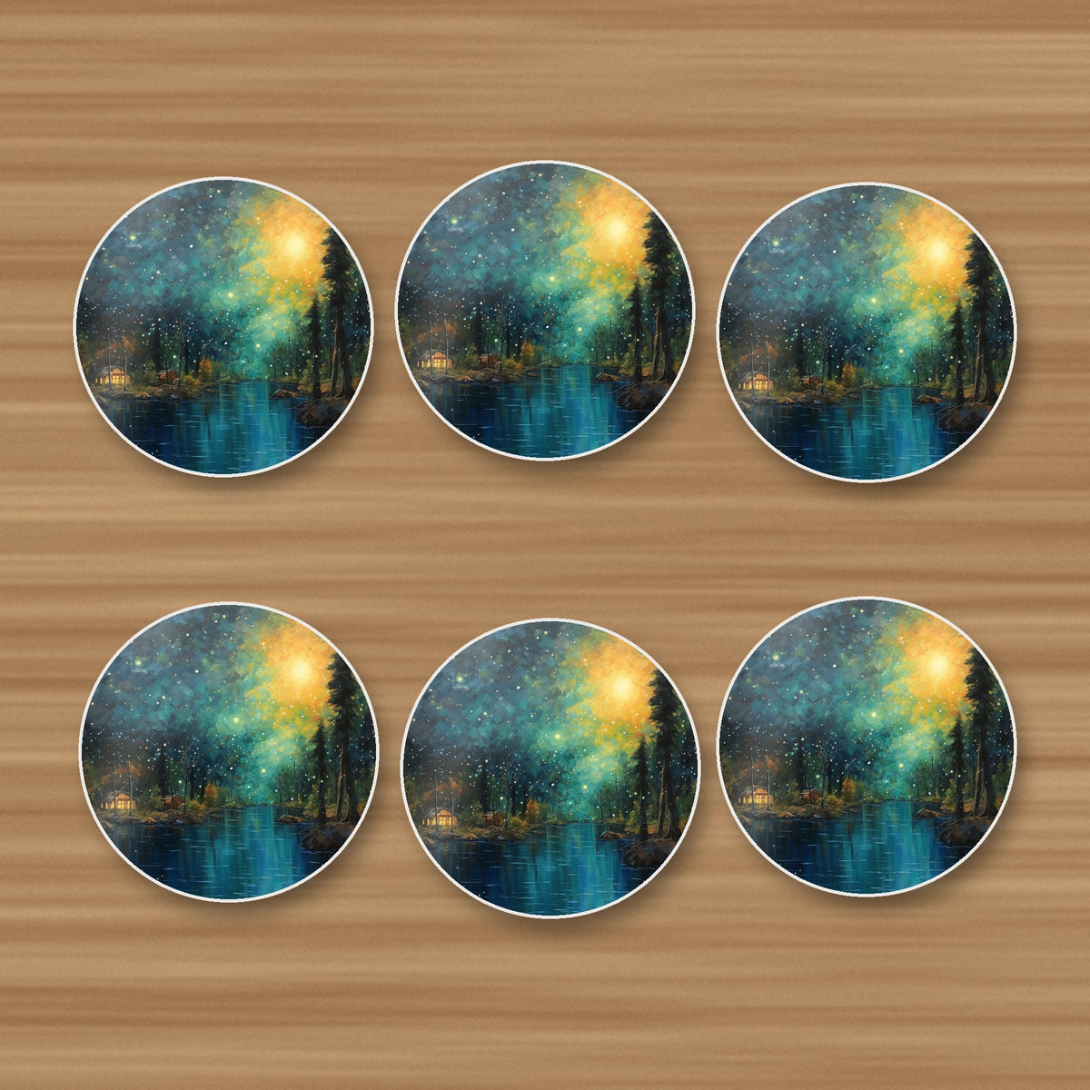 Impressionist Night Lake & Pines round ceramic coasters, set of 6, on an oak coffee table