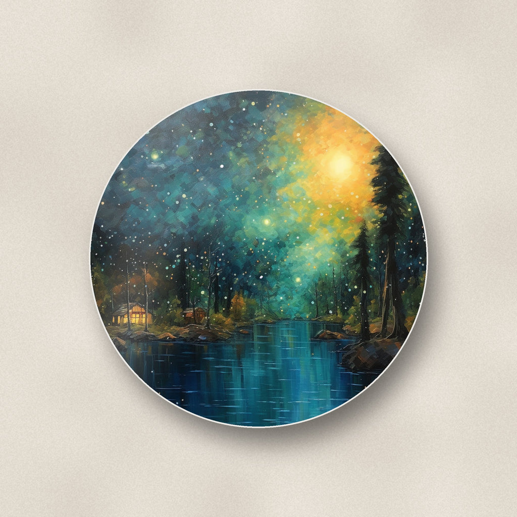 Close-up of one impressionist night lake & pines round ceramic coaster, flat UV print