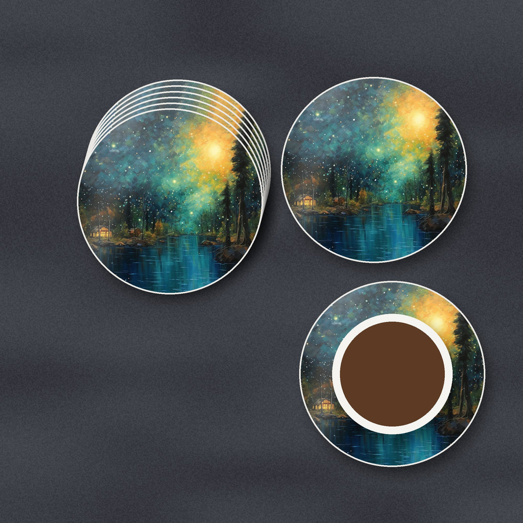 Impressionist Night Lake & Pines round ceramic coasters stacked on a slate kitchen worktop