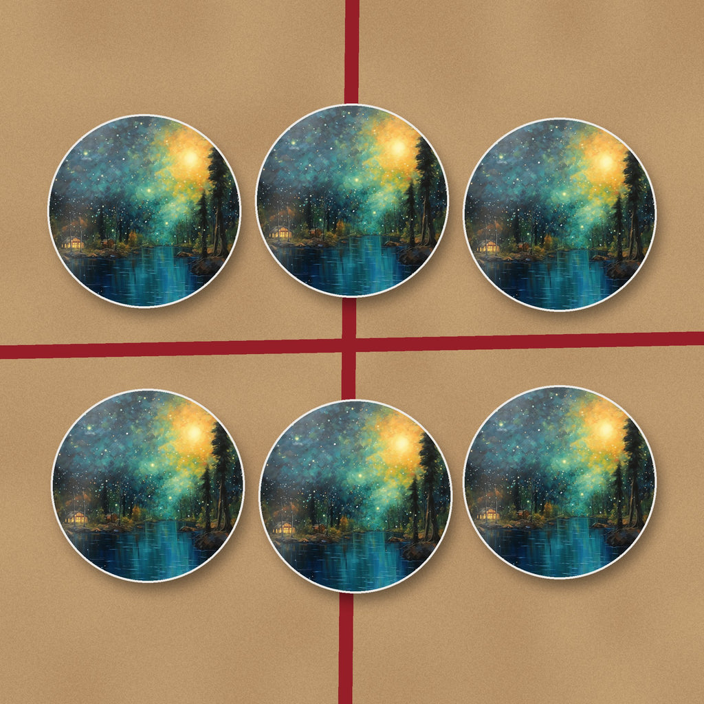 Impressionist Night Lake & Pines round ceramic coasters on kraft gift wrap