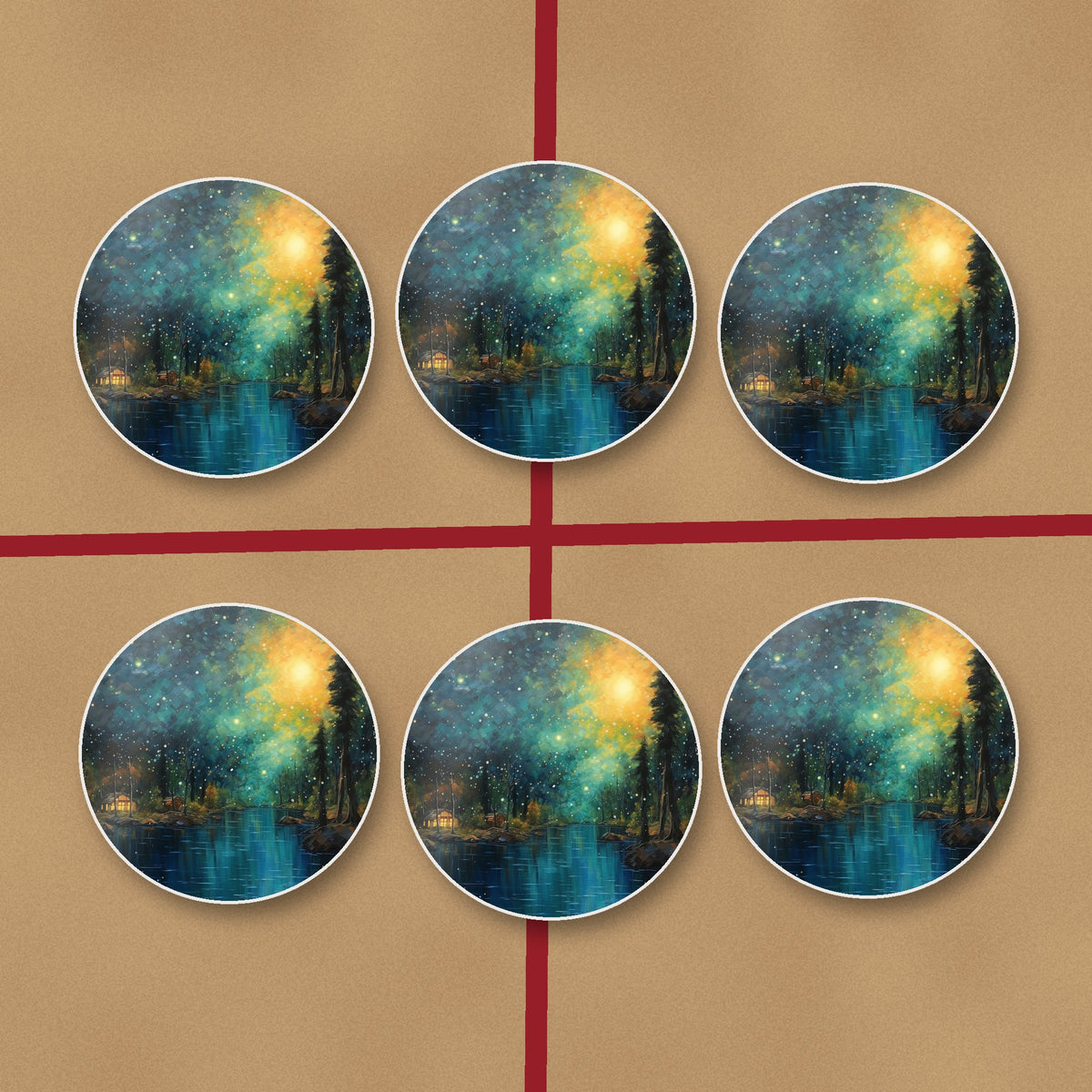 Impressionist Night Lake & Pines round ceramic coasters on kraft gift wrap