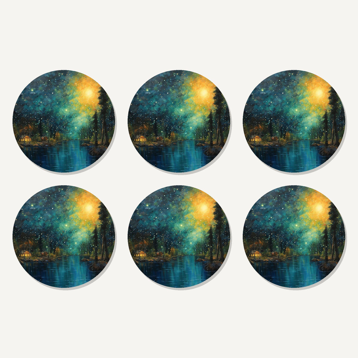 Flat lay of the impressionist night lake & pines artwork on six round coasters