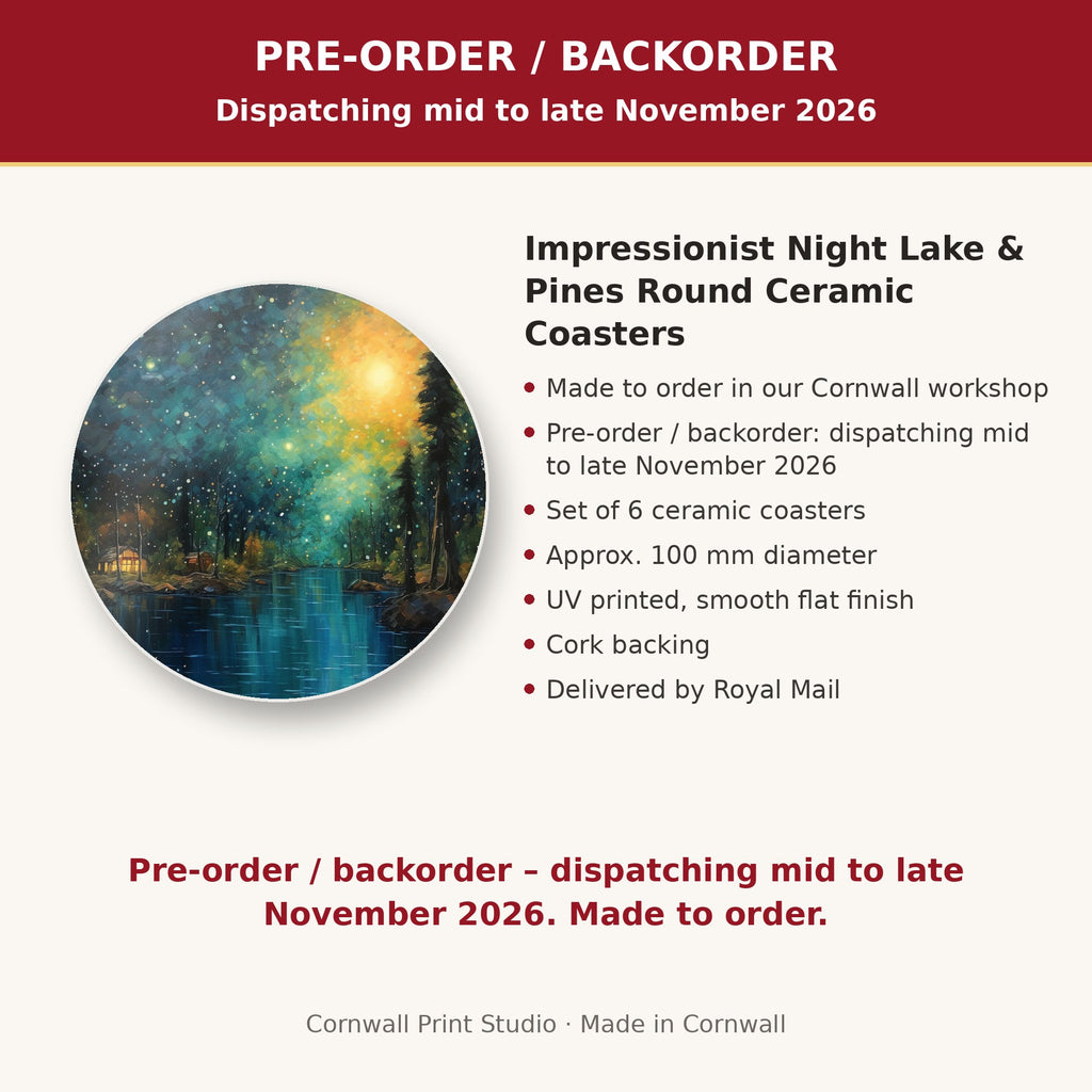 Info card: Impressionist Night Lake & Pines Round Ceramic Coasters – Set of 6, made to order, dispatching mid to late November 2026, delivered by Royal Mail