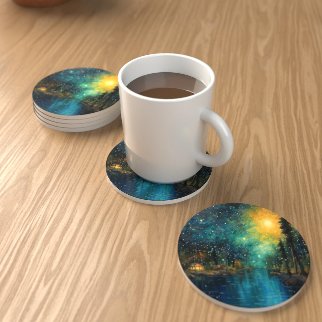 Impressionist Night Lake & Pines Round Ceramic Coasters – Set of 6 – lifestyle mockup with a mug of coffee