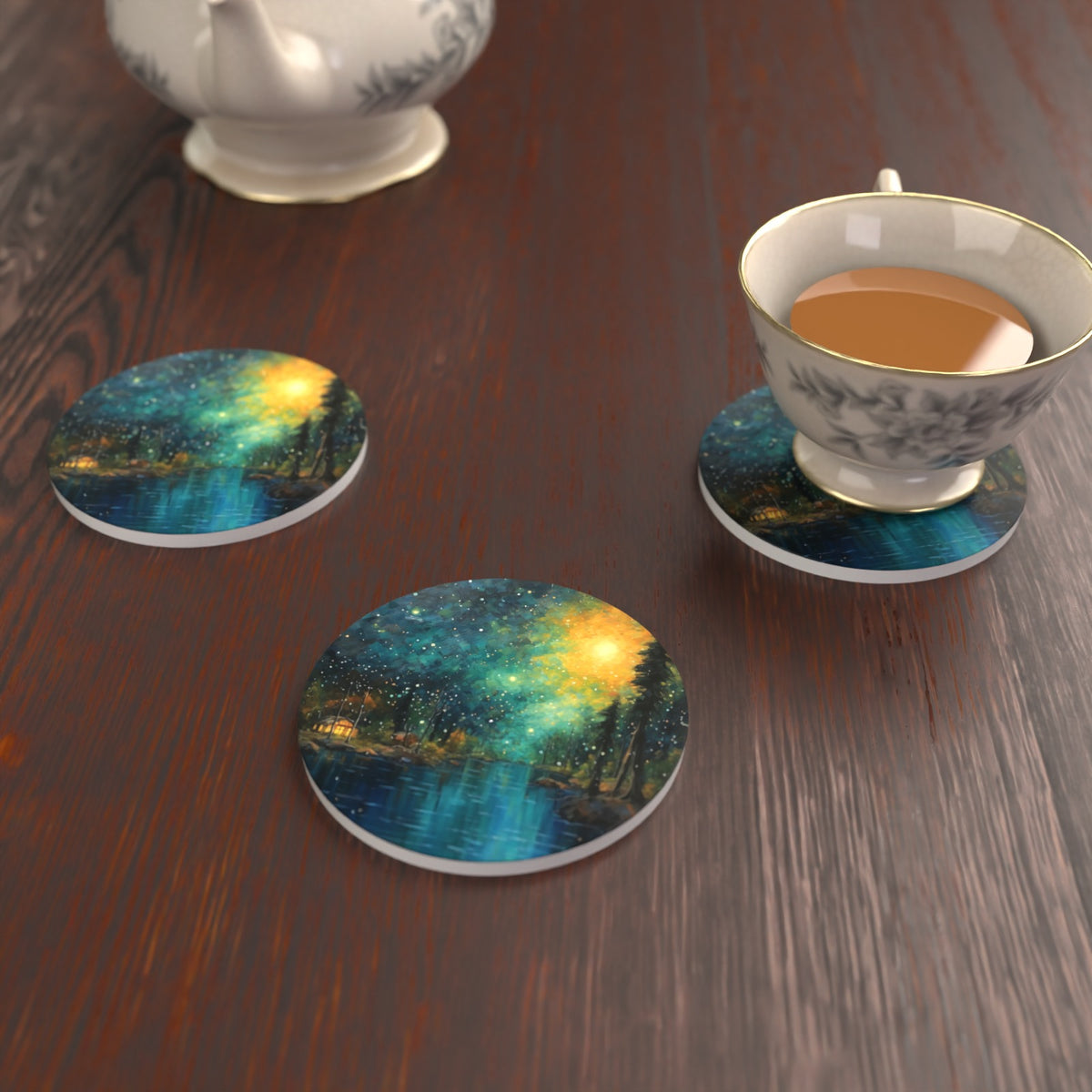 Impressionist Night Lake & Pines Round Ceramic Coasters – Set of 6 – lifestyle mockup with a teacup