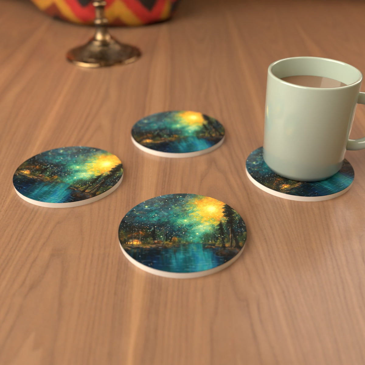 Impressionist Night Lake & Pines Round Ceramic Coasters – Set of 6 – cosy lifestyle mockup